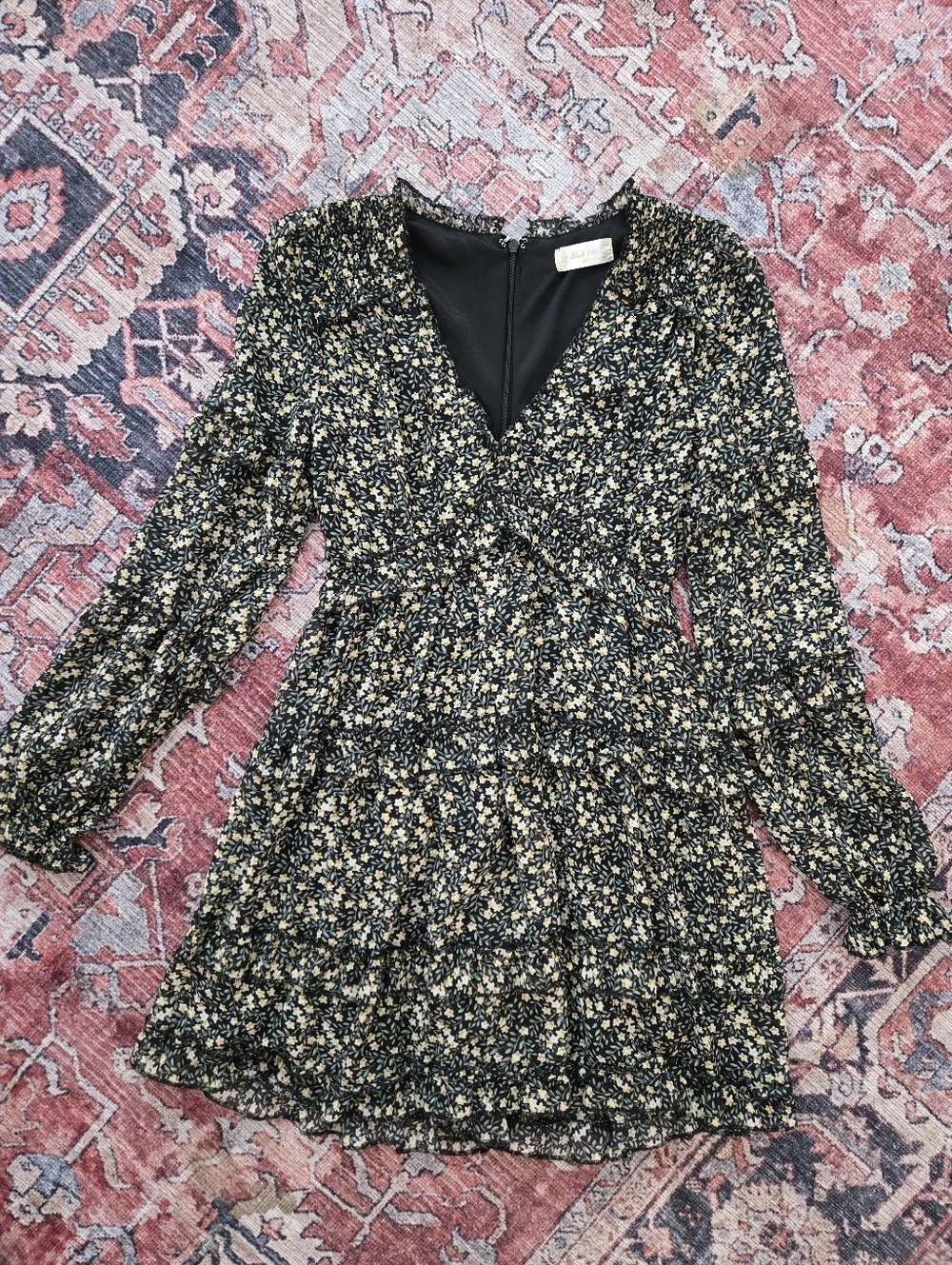 Altar'd State Black Floral Long Sleeve Tiered Mini Dress XS